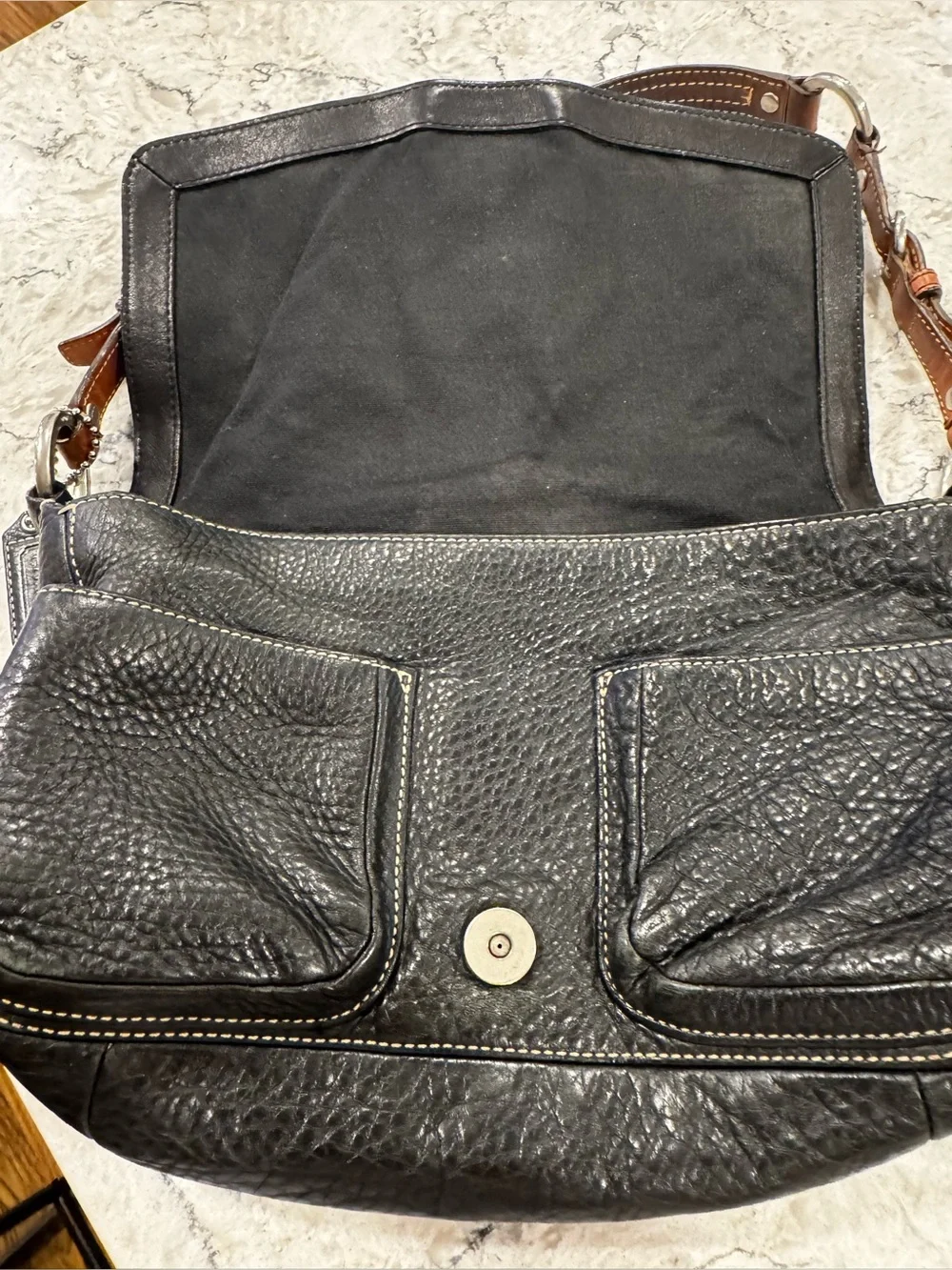 Coach Y2K Chelsea Leather Flap Shoulder Bag Buckles Rings Black Brown F10893